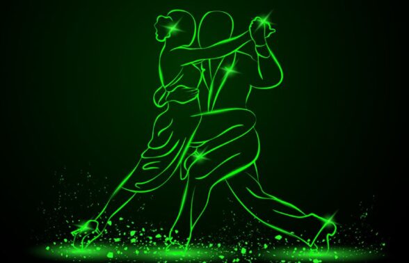 couple aux contours verts sur fond noir dansant le tango. - Agrandir l'image, fenêtre modale
