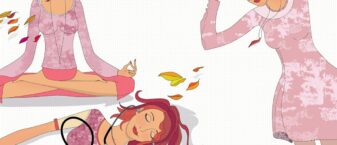 Dessin de trois femmes identiques avec des positions de relaxation différentes, allongée, en tailleur, cheveux au vent