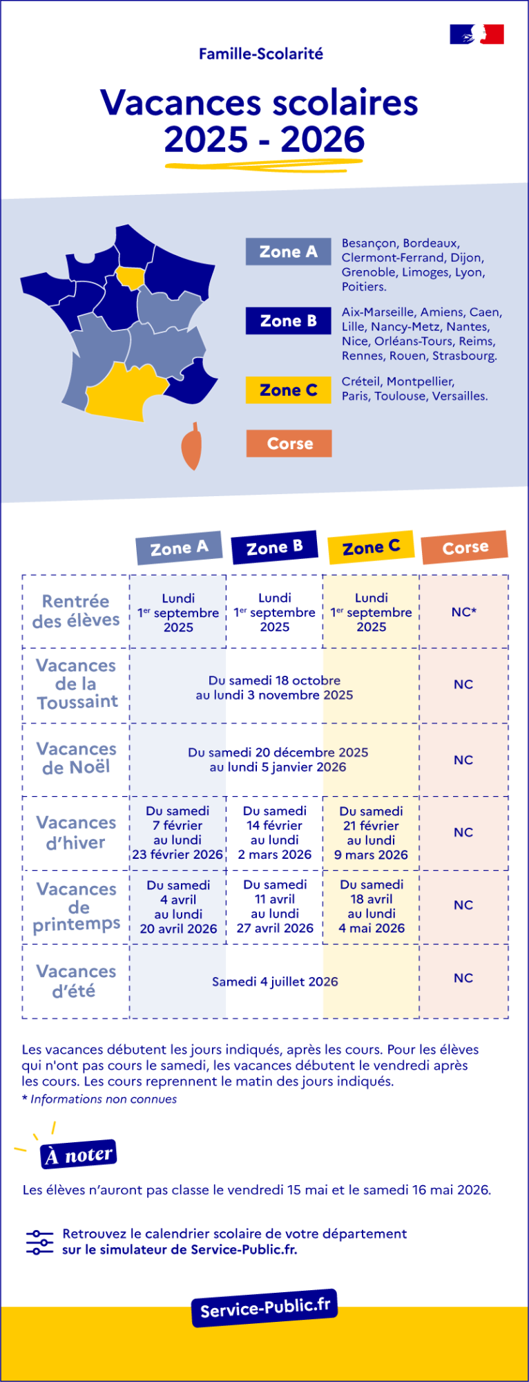 Vacances scolaires 2025-2026 : métropole